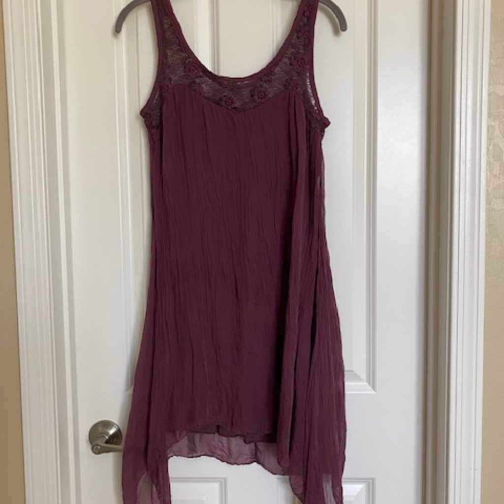 Made In Italy 100% Silk Tank Dress Laced Asymmetrical Burgundy Size Xs/S